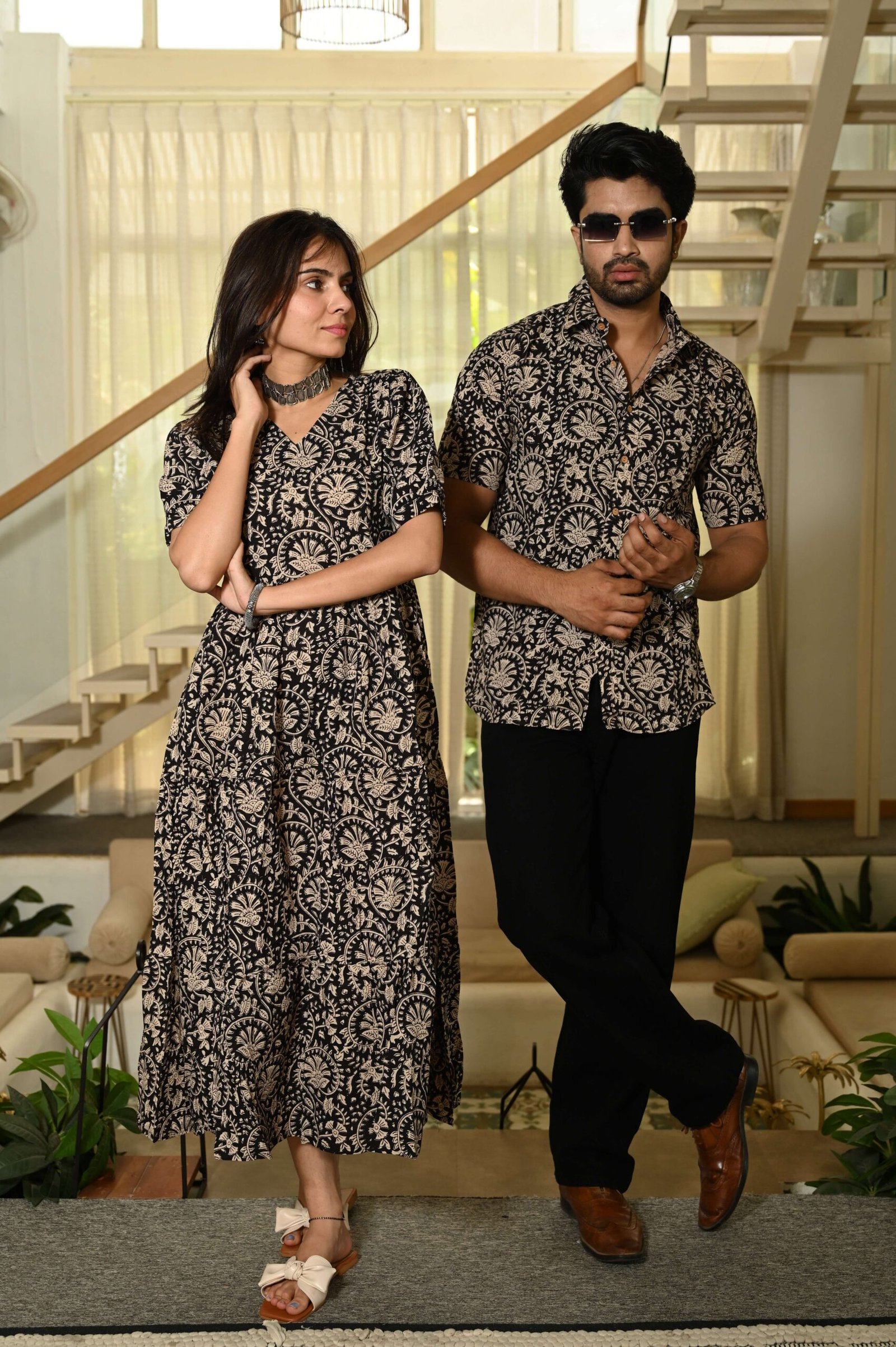 Couple Matching Red Printed Cotton Anarkali Midi Dress & Shirt Set ? Summer Casual Wear - Image 2