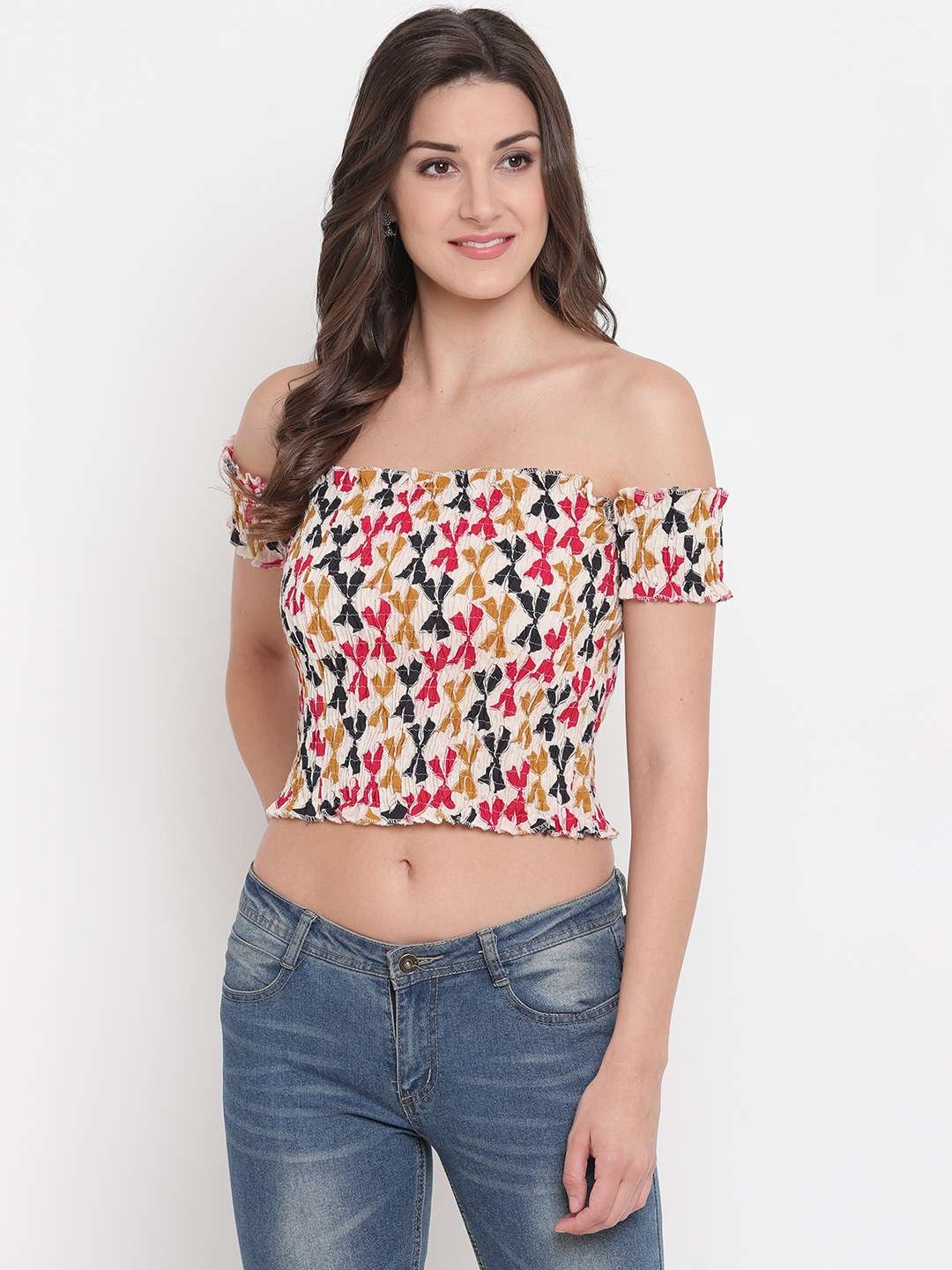 Women's Rayon Printed Off-Shoulder Smocked Crop Top Short Sleeve Casual Styles Tank Top (FREE SIZE) Multi31